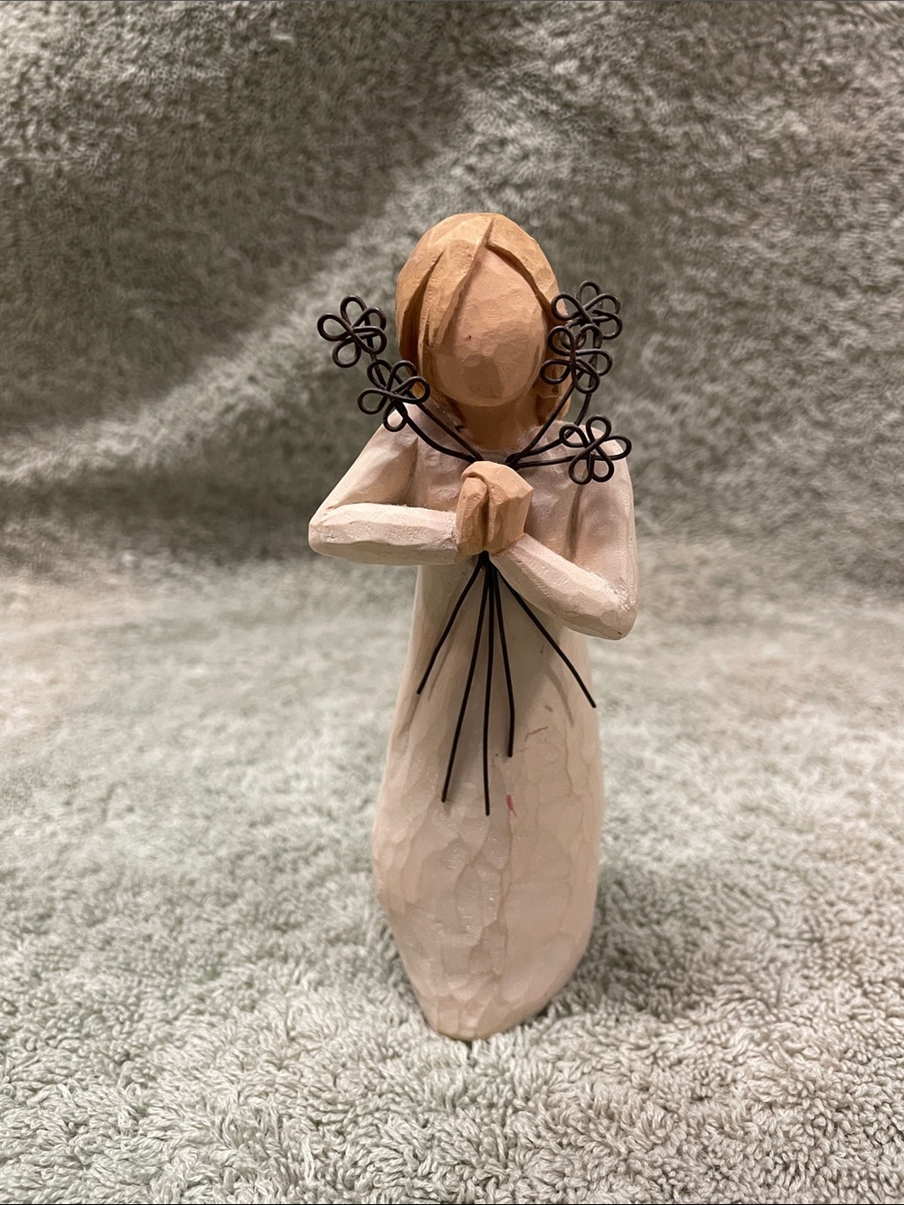 Willow Tree Cream Dress Tan Hair Friendship Figurine Holding Black Wire Flowers